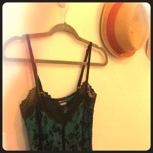 Wet Seal Teal Sexy style Satin dress w/ black lace